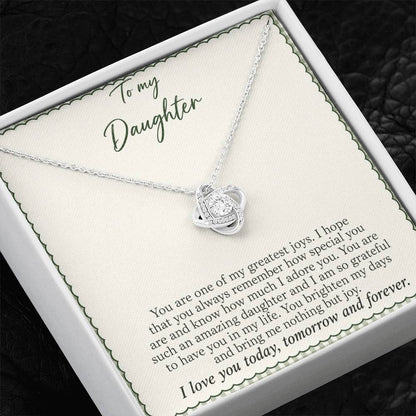 Love Knot necklace with Sage Gingham daughter message card – white gold finish necklace in Standard Box | Hensley London