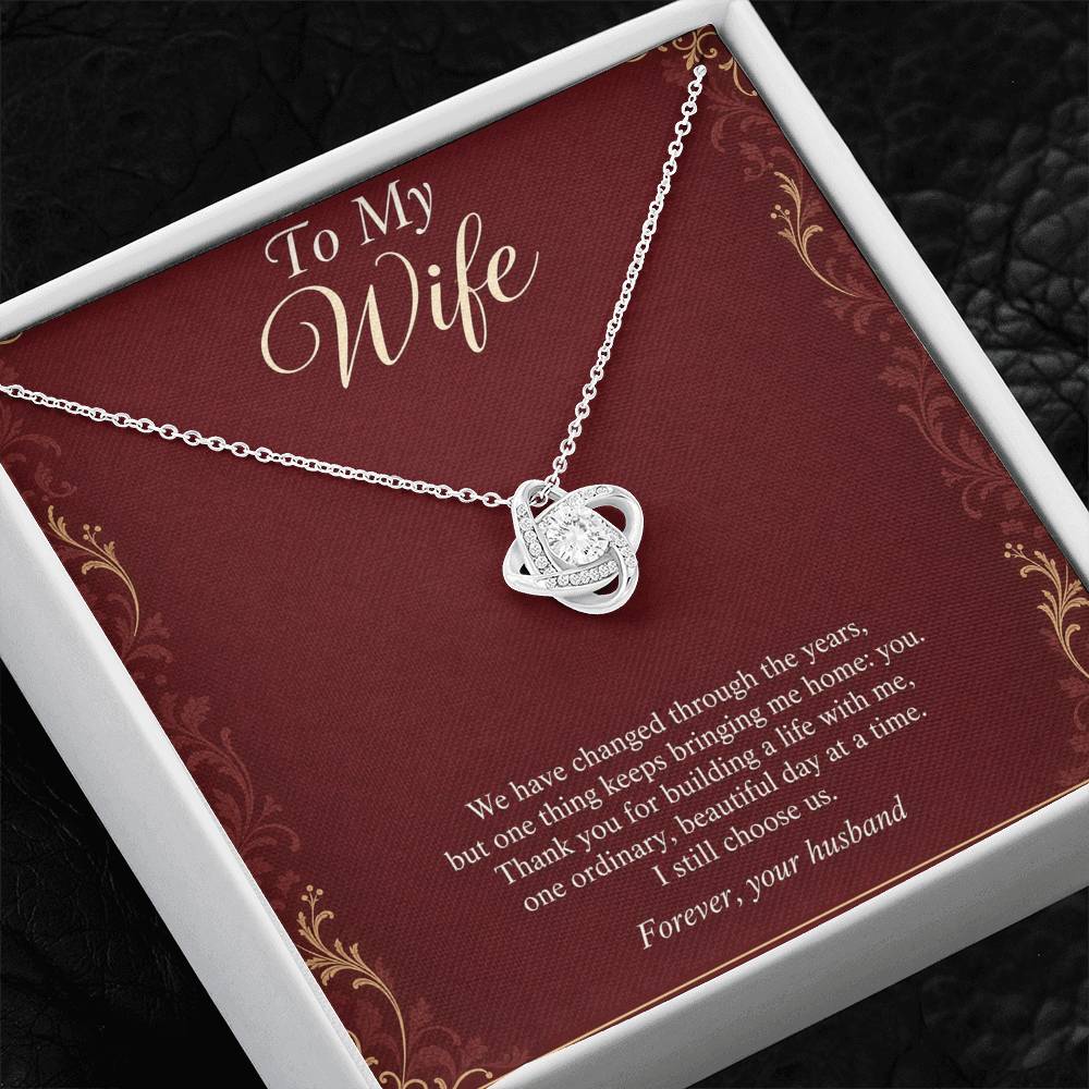 Love Knot Necklace in white gold finish with message card for wife | Hensley London