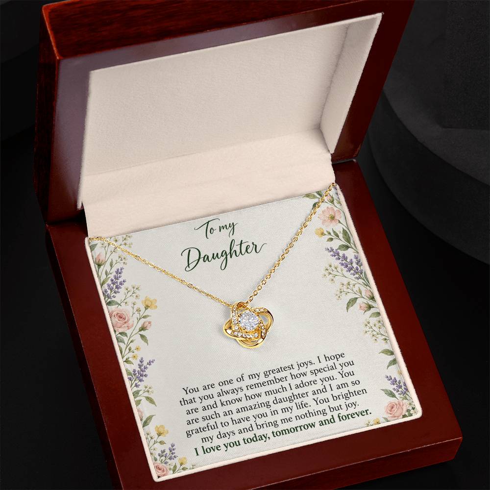 Love Knot necklace with Heirloom Garden daughter message card – yellow gold finish necklace in Luxury Box | Hensley London