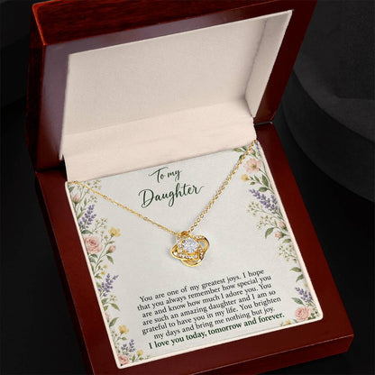 Love Knot necklace with Heirloom Garden daughter message card – yellow gold finish necklace in Luxury Box | Hensley London