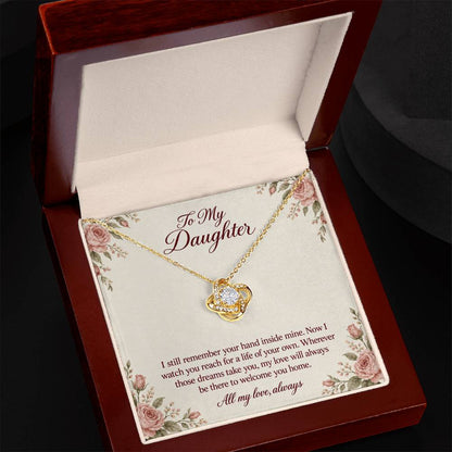 Love Knot Necklace in yellow gold finish with message card for daughter | Hensley London