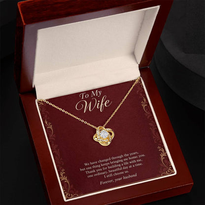Love Knot Necklace in yellow gold finish with message card for wife | Hensley London