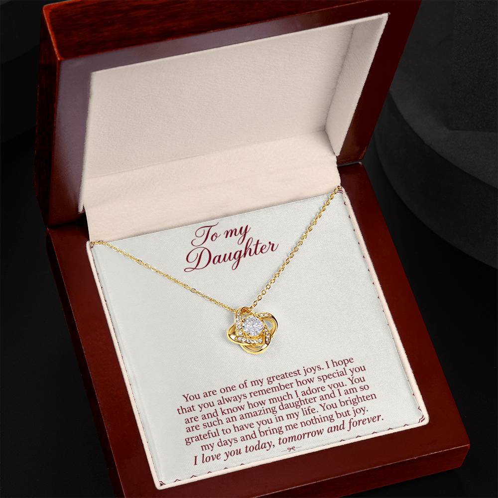 Love Knot necklace with Burgundy Letter daughter message card – yellow gold finish necklace in Luxury Box | Hensley London