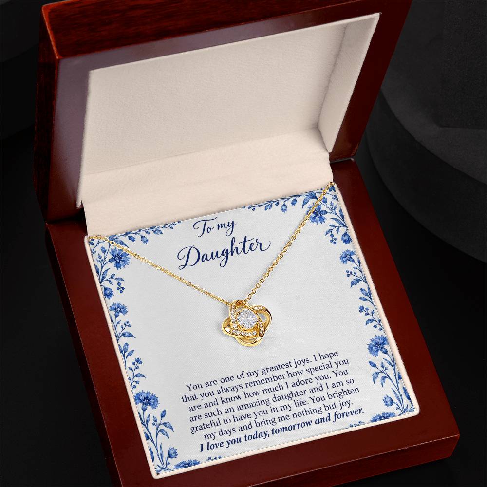 Love Knot necklace with Blue Porcelain daughter message card – yellow gold finish necklace in Luxury Box | Hensley London