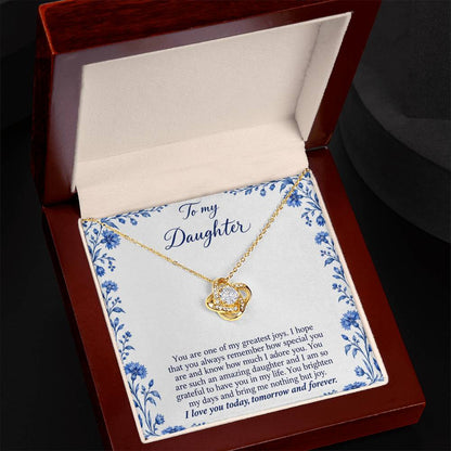 Love Knot necklace with Blue Porcelain daughter message card – yellow gold finish necklace in Luxury Box | Hensley London