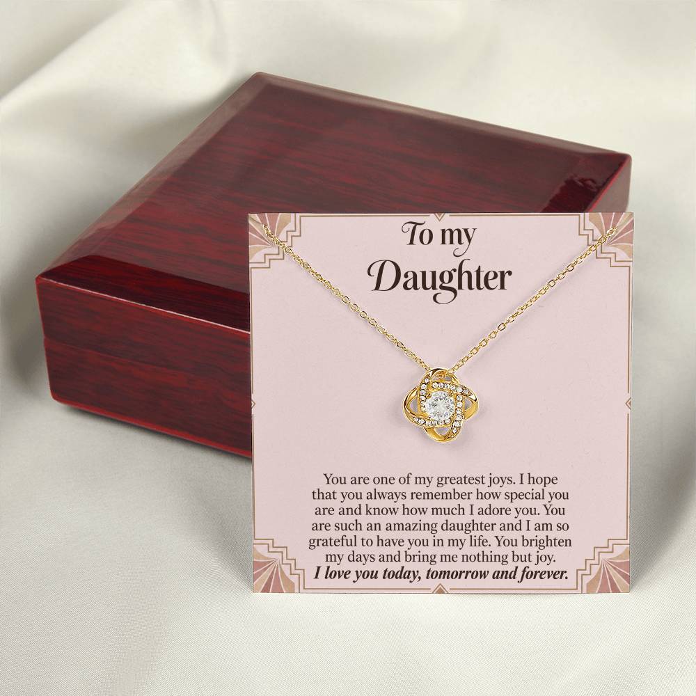 Love Knot necklace with Blush Art Deco daughter message card – yellow gold finish necklace and card beside Luxury Box | Hensley London