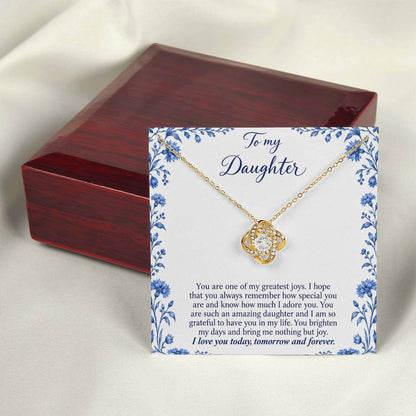 Love Knot necklace with Blue Porcelain daughter message card – yellow gold finish necklace and card beside Luxury Box | Hensley London