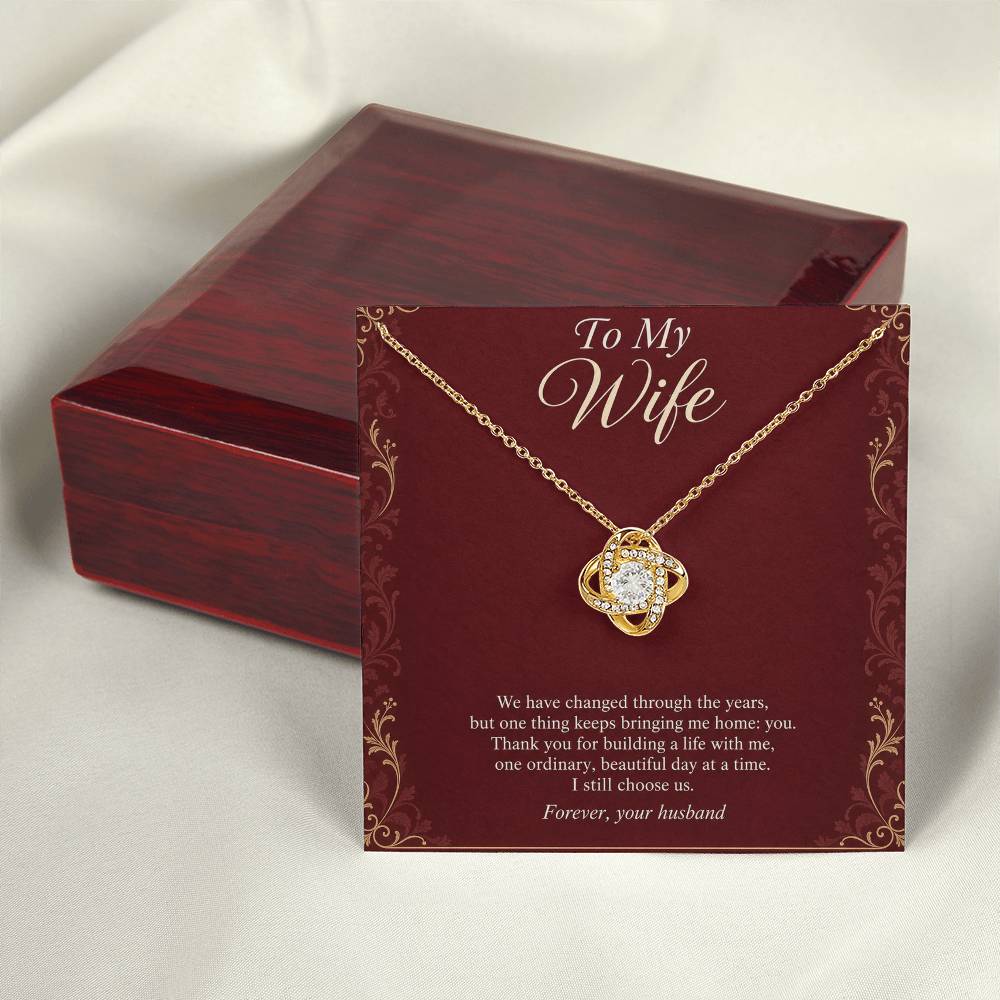 Love Knot Necklace in yellow gold finish with message card for wife | Hensley London