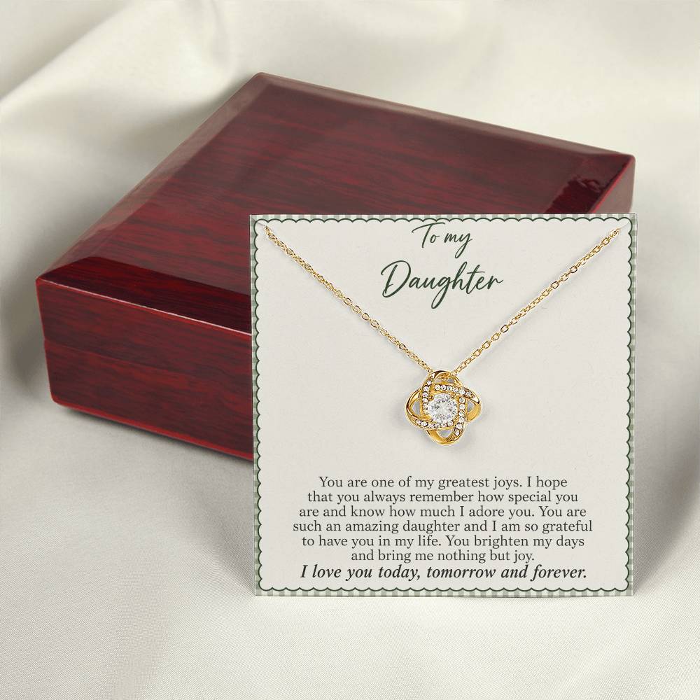 Love Knot necklace with Sage Gingham daughter message card – yellow gold finish necklace and card beside Luxury Box | Hensley London
