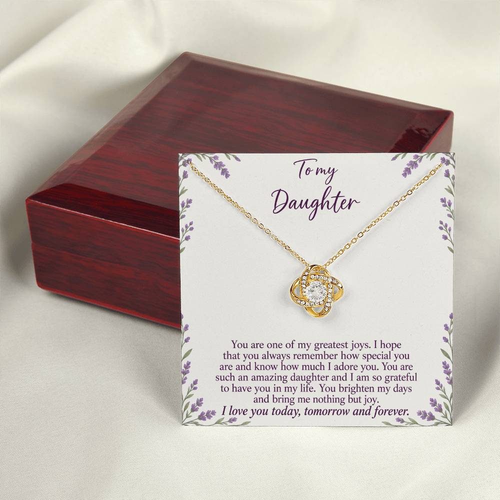 Love Knot necklace with Lavender Meadow daughter message card – yellow gold finish necklace and card beside Luxury Box | Hensley London