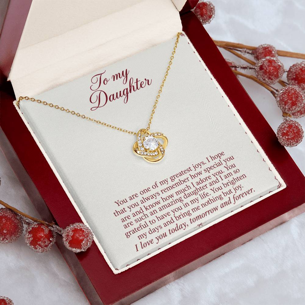 Love Knot necklace with Burgundy Letter daughter message card – yellow gold finish necklace in styled Luxury Box | Hensley London