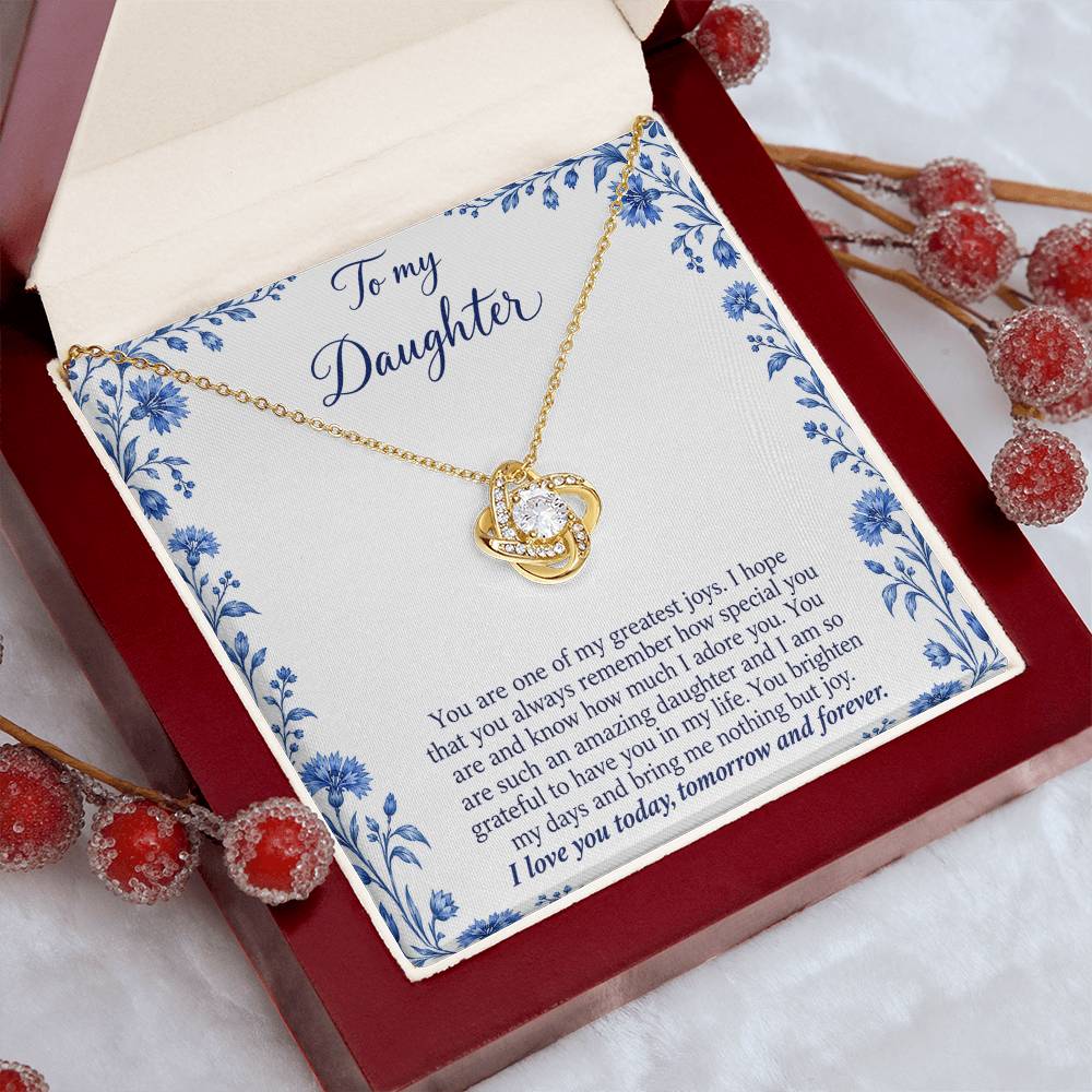 Love Knot necklace with Blue Porcelain daughter message card – yellow gold finish necklace in styled Luxury Box | Hensley London