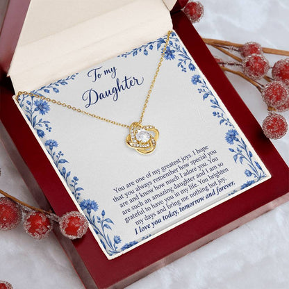 Love Knot necklace with Blue Porcelain daughter message card – yellow gold finish necklace in styled Luxury Box | Hensley London