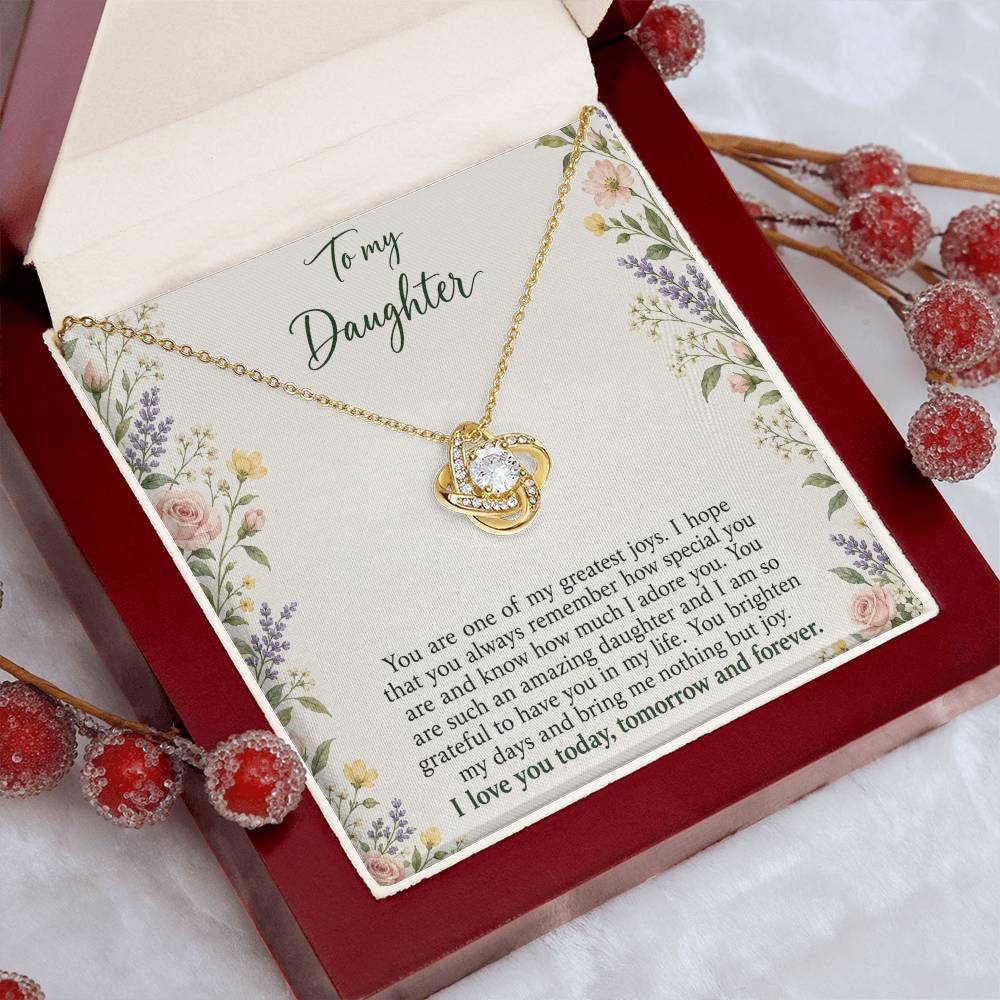 Love Knot necklace with Heirloom Garden daughter message card – yellow gold finish necklace in styled Luxury Box | Hensley London