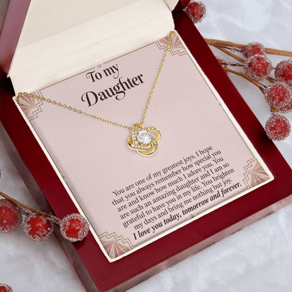 Love Knot necklace with Blush Art Deco daughter message card – yellow gold finish necklace in styled Luxury Box | Hensley London