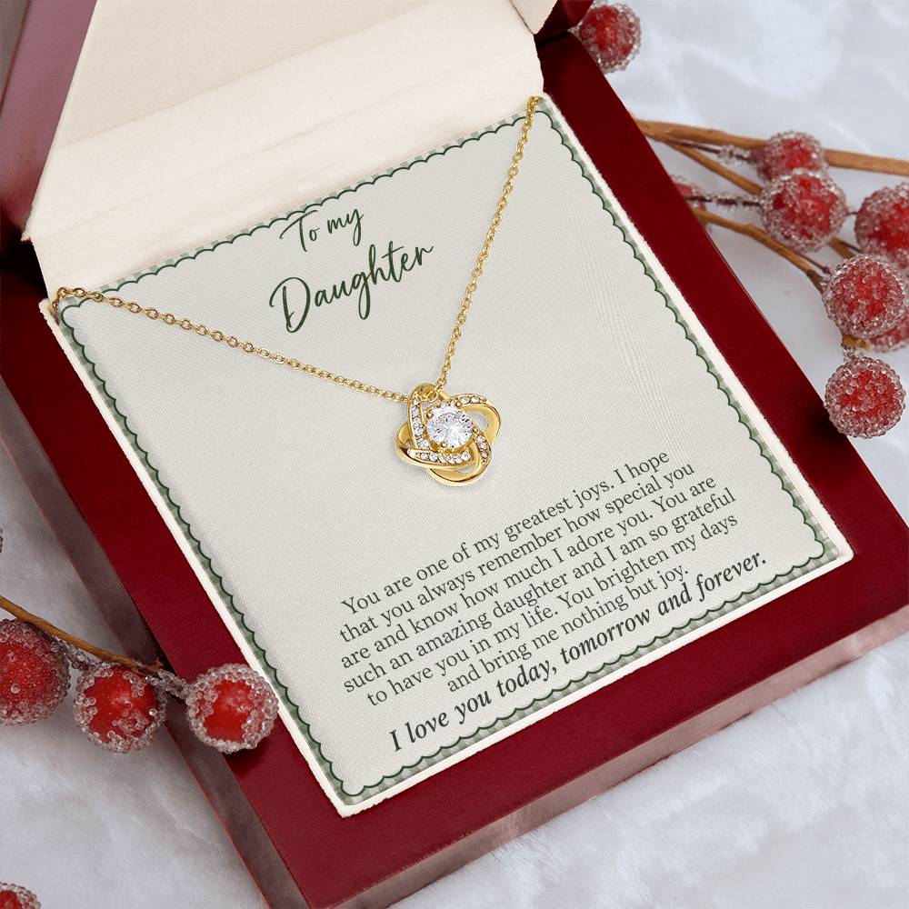Love Knot necklace with Sage Gingham daughter message card – yellow gold finish necklace in styled Luxury Box | Hensley London