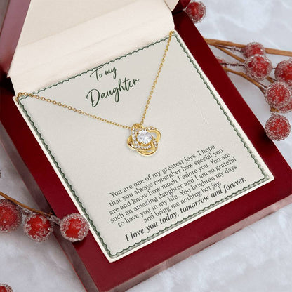 Love Knot necklace with Sage Gingham daughter message card – yellow gold finish necklace in styled Luxury Box | Hensley London