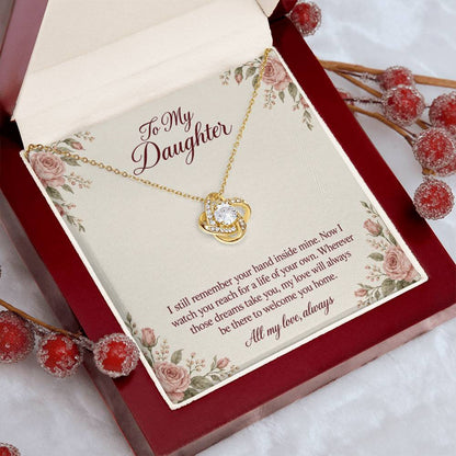 Love Knot Necklace in yellow gold finish with message card for daughter | Hensley London