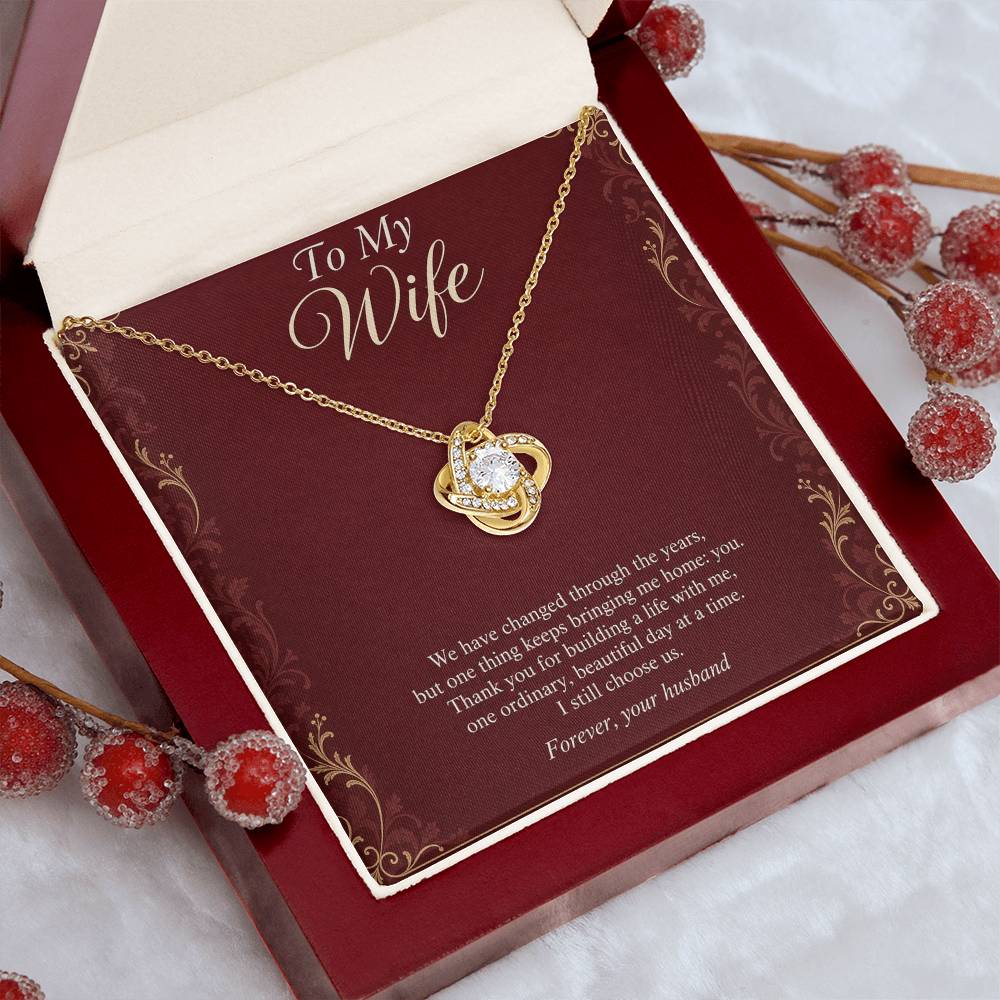 Love Knot Necklace in yellow gold finish with message card for wife | Hensley London