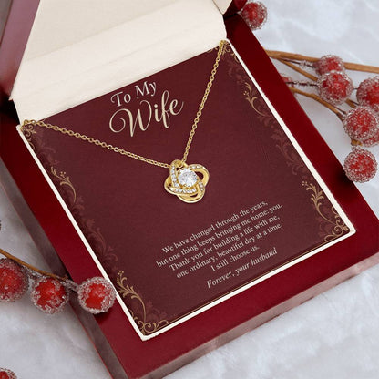 Love Knot Necklace in yellow gold finish with message card for wife | Hensley London
