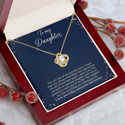 Love Knot necklace with Midnight Celestial daughter message card – yellow gold finish necklace in styled Luxury Box | Hensley London