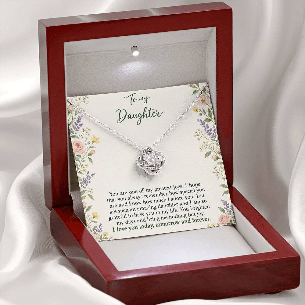 Love Knot necklace with Heirloom Garden daughter message card – white gold finish necklace in LED Luxury Box | Hensley London