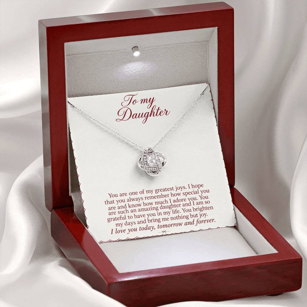 Love Knot necklace with Burgundy Letter daughter message card – white gold finish necklace in LED Luxury Box | Hensley London