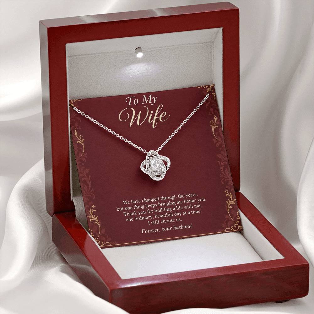 Love Knot Necklace in white gold finish with message card for wife | Hensley London