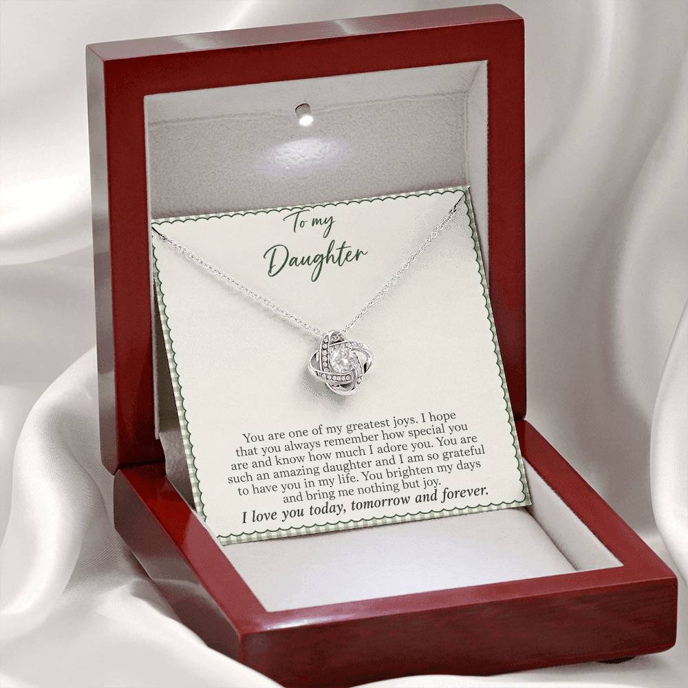 Love Knot necklace with Sage Gingham daughter message card – white gold finish necklace in LED Luxury Box | Hensley London