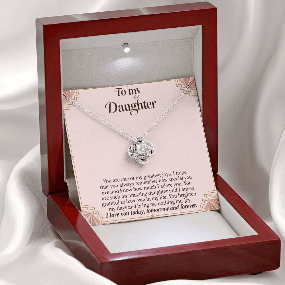 Love Knot necklace with Blush Art Deco daughter message card – white gold finish necklace in LED Luxury Box | Hensley London