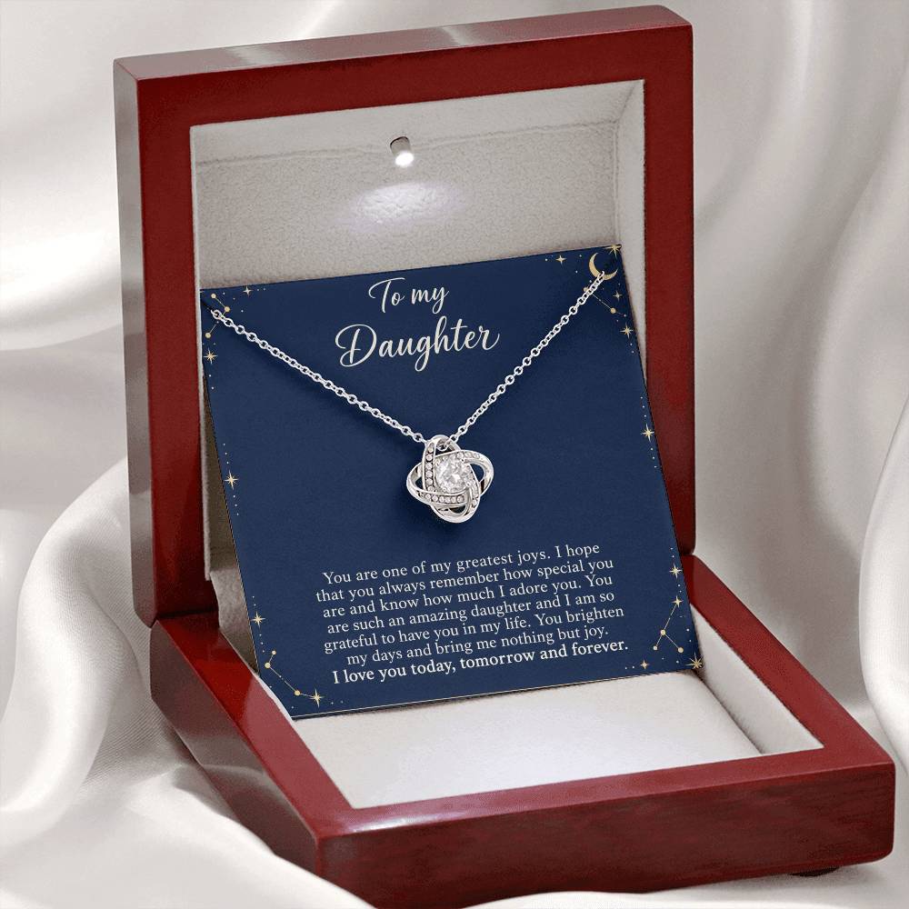 Love Knot necklace with Midnight Celestial daughter message card – white gold finish necklace in LED Luxury Box | Hensley London