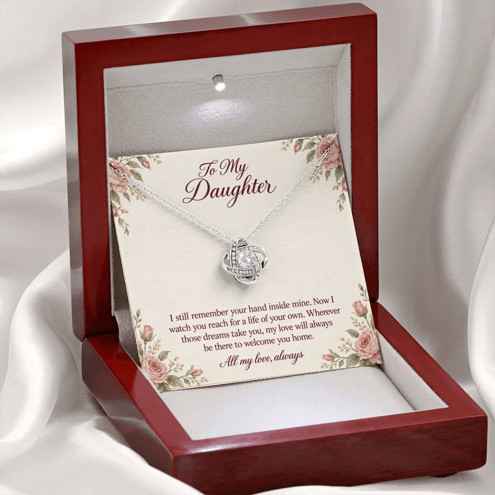 Love Knot Necklace in white gold finish with message card for daughter | Hensley London