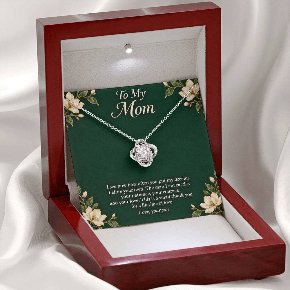 White-gold Love Knot necklace and emerald Mom message card in LED luxury box | Hensley London