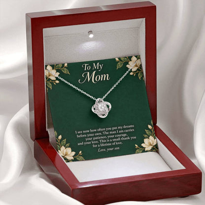 White-gold Love Knot necklace and emerald Mom message card in LED luxury box | Hensley London