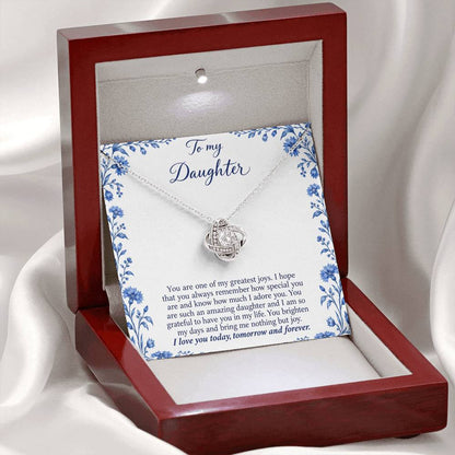 Love Knot necklace with Blue Porcelain daughter message card – white gold finish necklace in LED Luxury Box | Hensley London