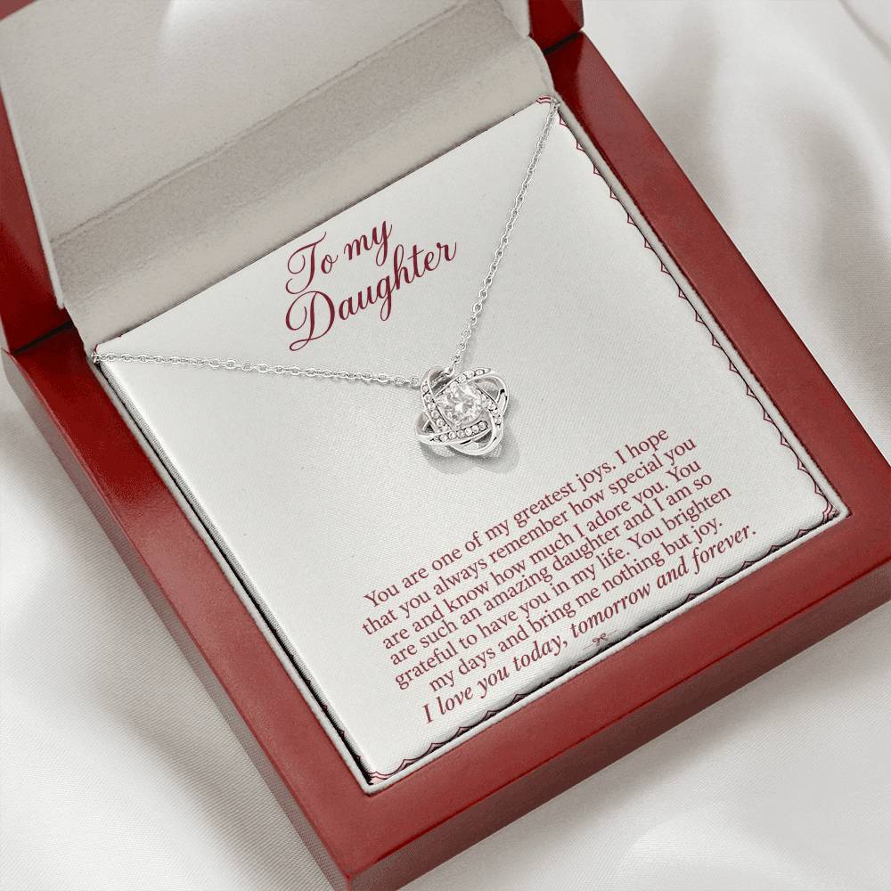 Love Knot necklace with Burgundy Letter daughter message card – white gold finish necklace in angled Luxury Box | Hensley London