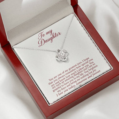 Love Knot necklace with Burgundy Letter daughter message card – white gold finish necklace in angled Luxury Box | Hensley London
