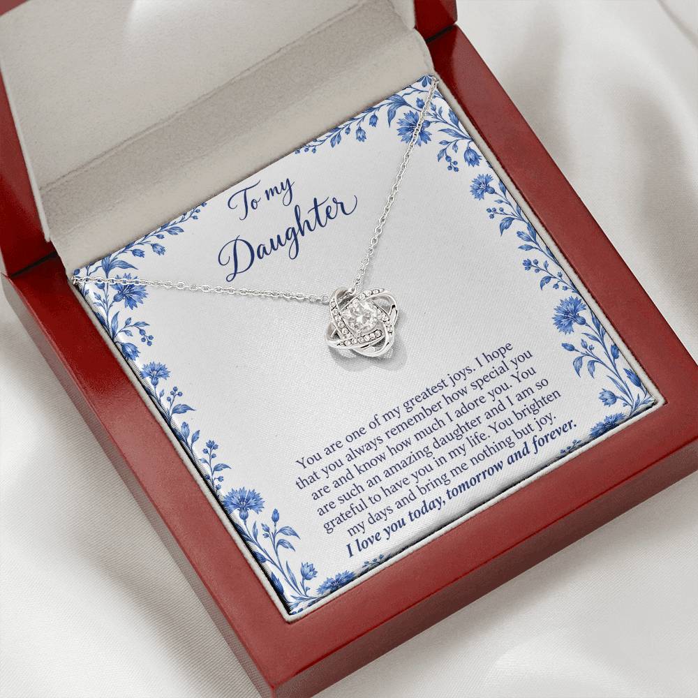 Love Knot necklace with Blue Porcelain daughter message card – white gold finish necklace in angled Luxury Box | Hensley London