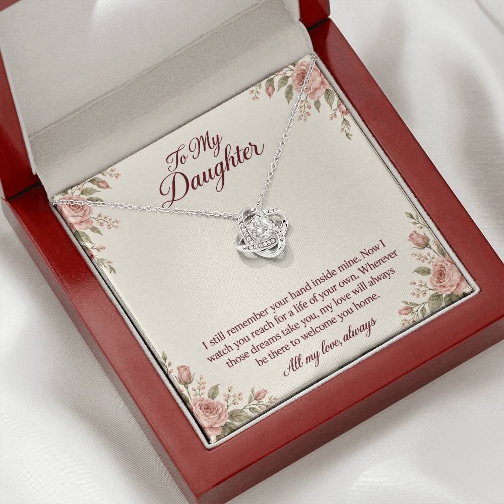 Love Knot Necklace in white gold finish with message card for daughter | Hensley London