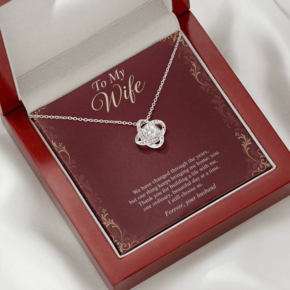 Love Knot Necklace in white gold finish with message card for wife | Hensley London
