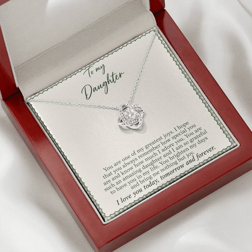 Love Knot necklace with Sage Gingham daughter message card – white gold finish necklace in angled Luxury Box | Hensley London