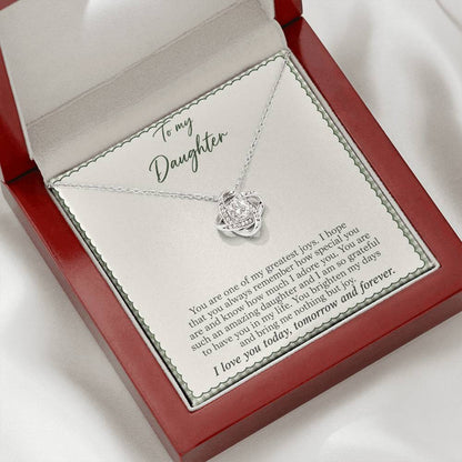 Love Knot necklace with Sage Gingham daughter message card – white gold finish necklace in angled Luxury Box | Hensley London