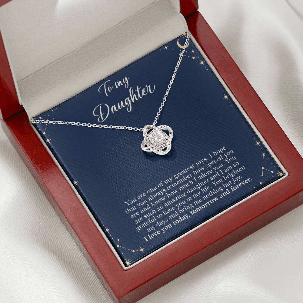 Love Knot necklace with Midnight Celestial daughter message card – white gold finish necklace in angled Luxury Box | Hensley London