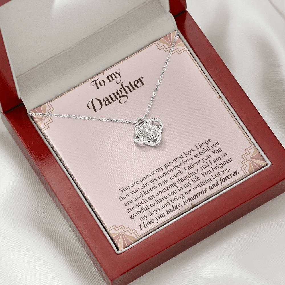Love Knot necklace with Blush Art Deco daughter message card – white gold finish necklace in angled Luxury Box | Hensley London