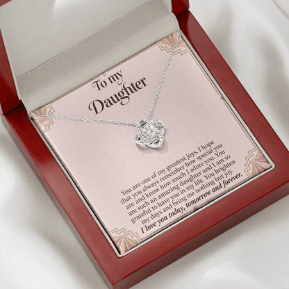 Love Knot necklace with Blush Art Deco daughter message card – white gold finish necklace in angled Luxury Box | Hensley London