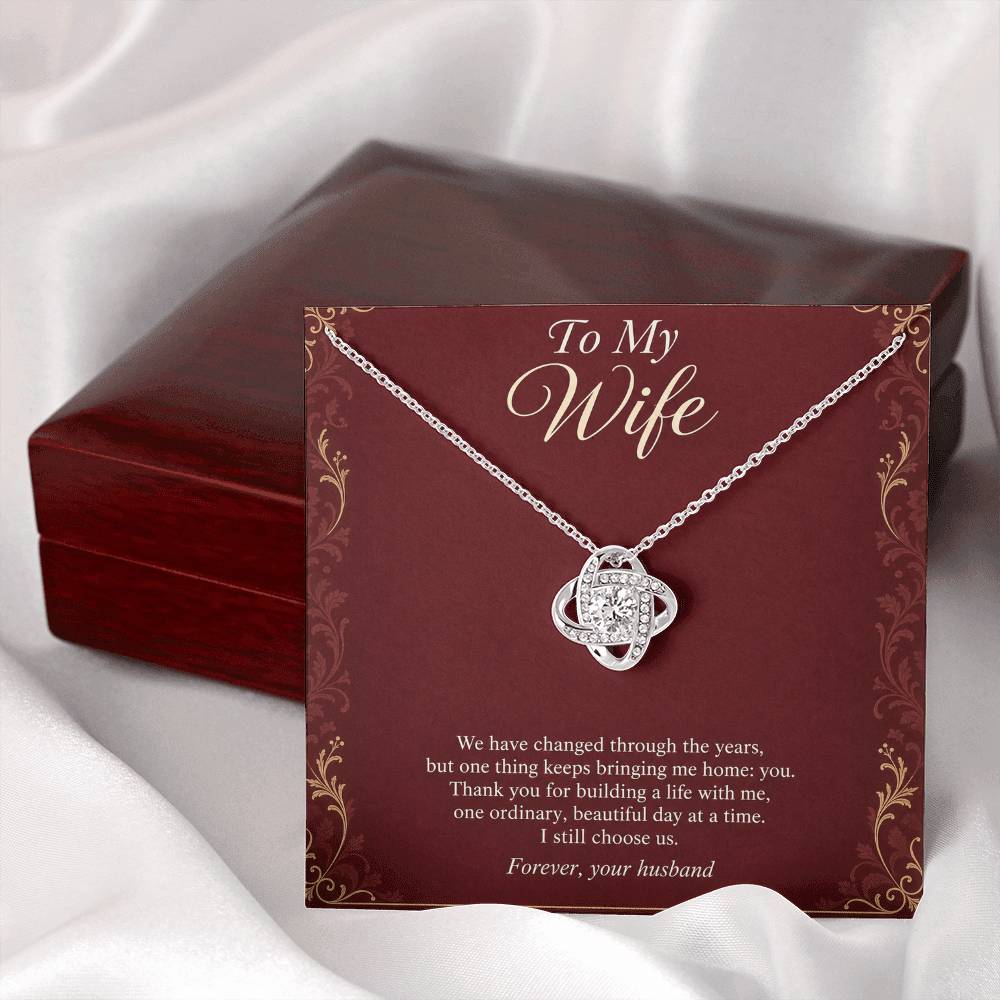 Love Knot Necklace in white gold finish with message card for wife | Hensley London