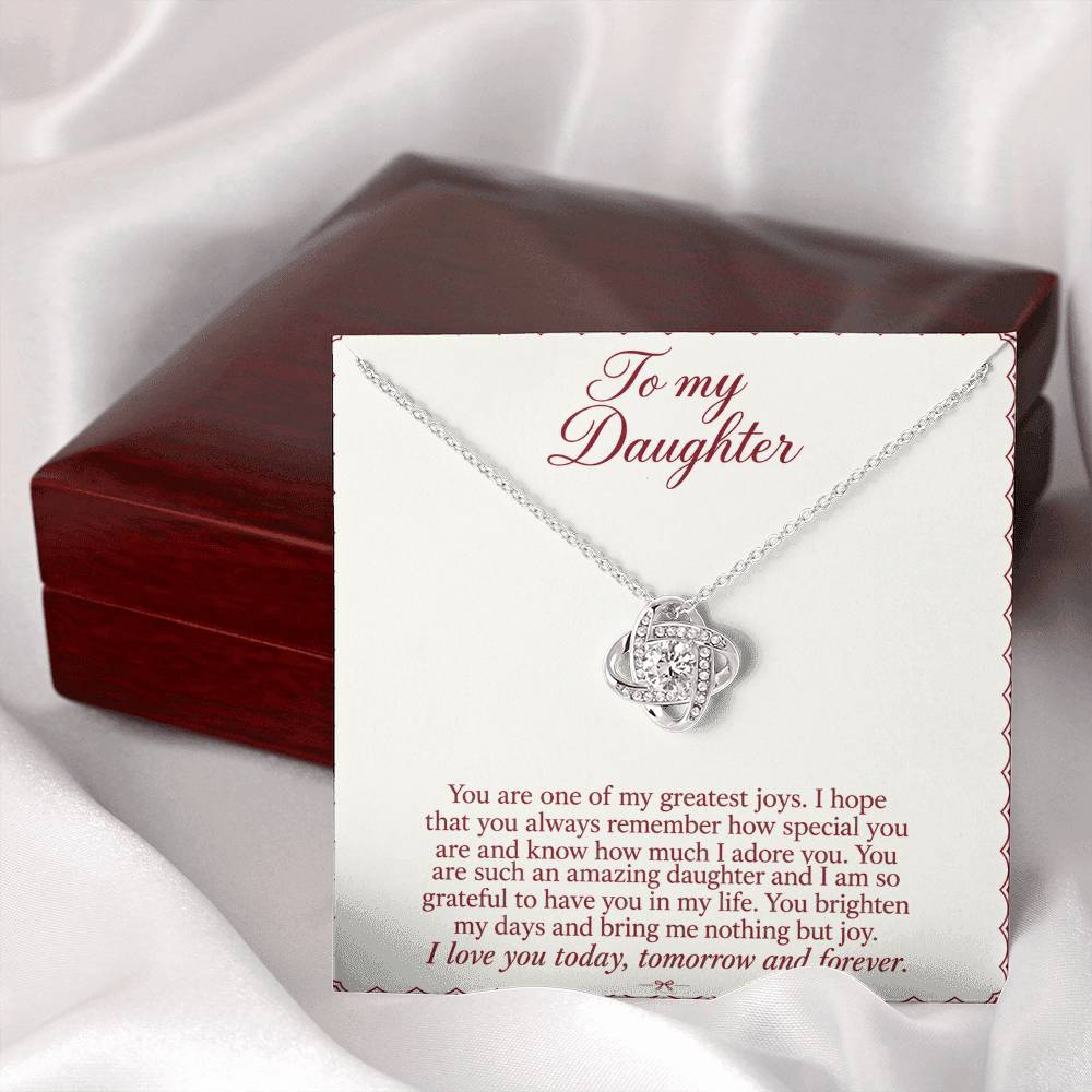 Love Knot necklace with Burgundy Letter daughter message card – white gold finish necklace and card beside Luxury Box | Hensley London