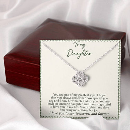 Love Knot necklace with Sage Gingham daughter message card – white gold finish necklace and card beside Luxury Box | Hensley London