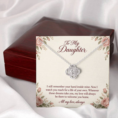 Love Knot Necklace in white gold finish with message card for daughter | Hensley London