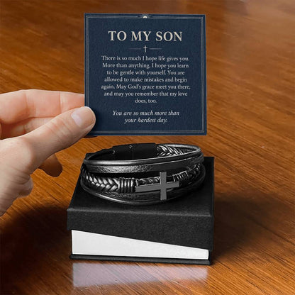 Black cross bracelet with son grace message card | Hensley London